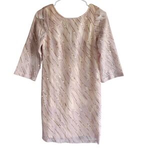 Ark & Co Women Pink Sequin Lace Mini Dress 3/4 Sleeve Scoop Back 70's Small